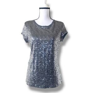 INC Sequin Cap Sleeve T Shirt Sz Grey Sparkly Holiday Top